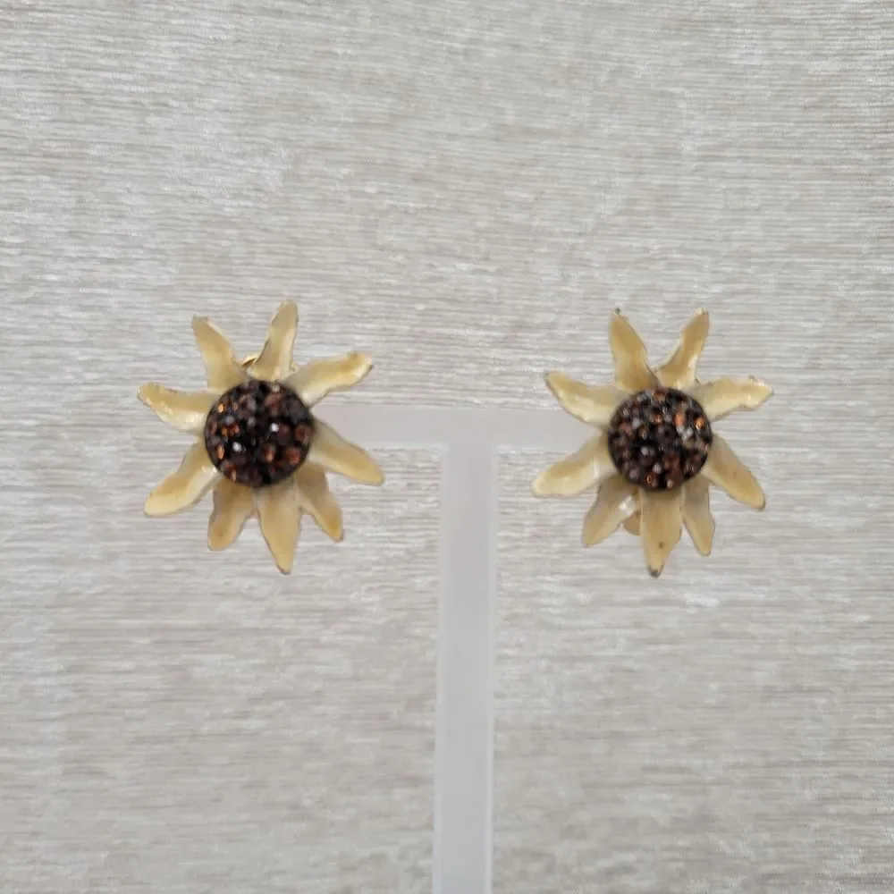 BSK Vintage Sunflower Clip On Earrings Cream Enamel Gold Toned Brown Rhinestones